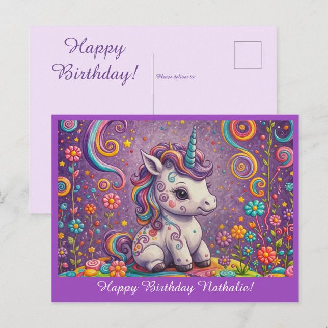 Jolie carte d'anniversaire licorne bébé violet (Devant / Derrière)