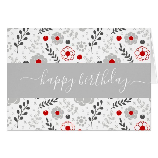 Jolie carte d'anniversaire moderne rouge et gris (Devant horizontal)