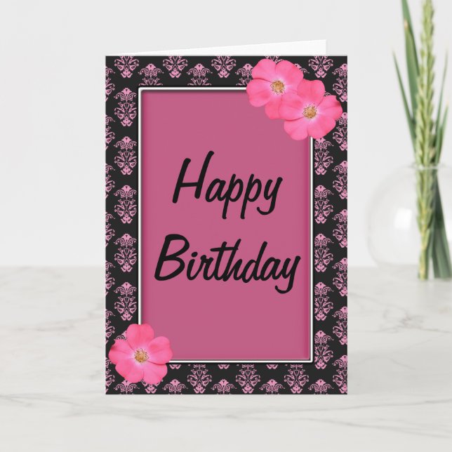 Jolie carte d'anniversaire rose et noir (Devant)