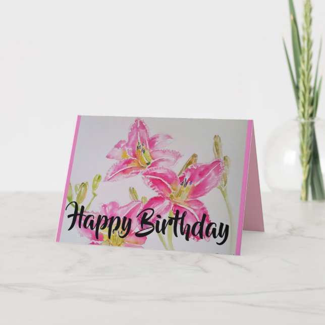 Jolie carte d'anniversaire rose Lily (Devant)