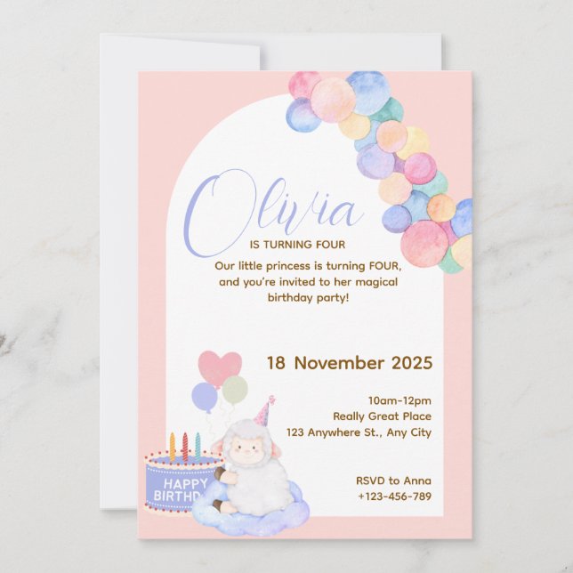 Jolie carte d'anniversaire rose princesse pour béb (Devant)