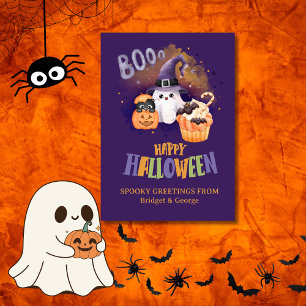 Jolie carte de vœux Halloween avec fantôme et citr