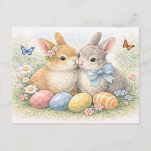 Jolie carte postale aquarelle du couple de lapins