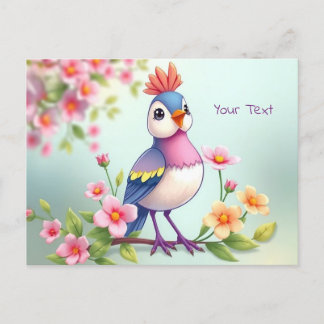 Jolie carte postale florale à l'oiseau bleu rose