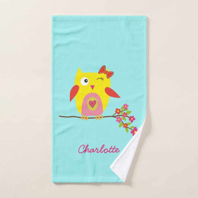 Jolie Chouette Jaune, Fleurs Roses Illustration (Serviette à main)