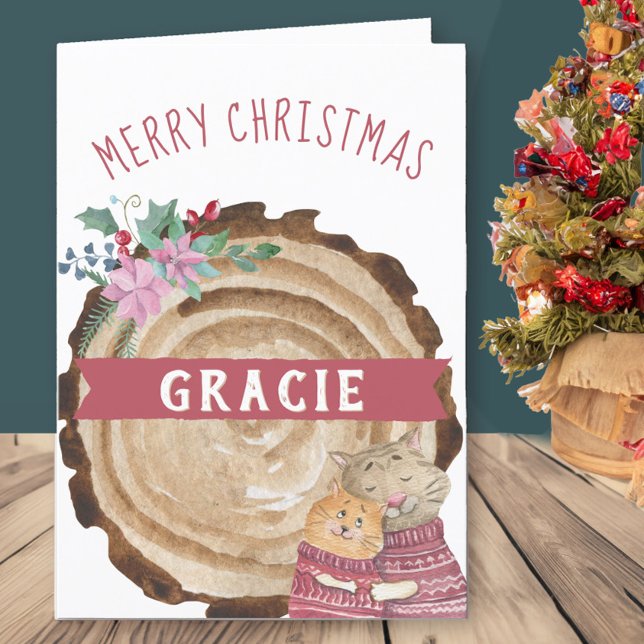 Jolie Christmas Kitten Chats Rustique Carte de vac (Kids cute Christmas Card with childs name)