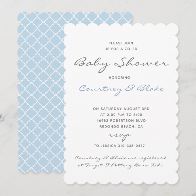 Jolie co-Ed Baby Invitation Bleu (Devant / Derrière)