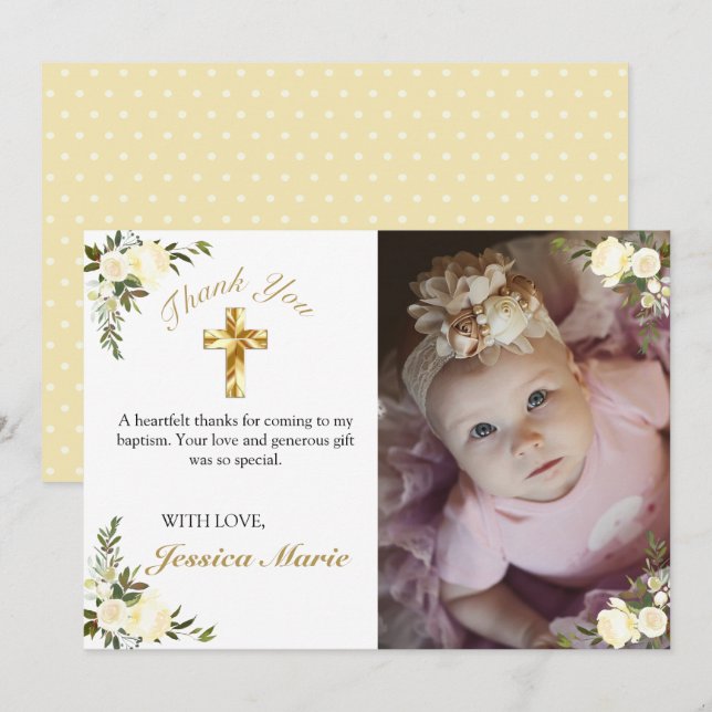 Jolie Croix d'or florale Baptême Merci photo (Devant / Derrière)
