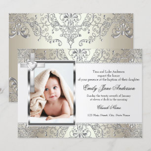 Jolie Damask Cross Photo Baptism Invitation