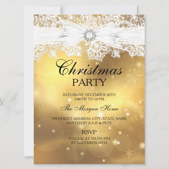 Jolie dentelle & Bow Gold Noël Invitation de vacan (Devant)