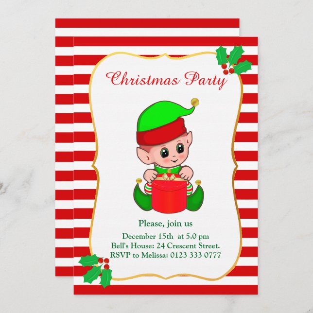 Jolie Elf & Rouge Blanc Noël Invitation (Devant / Derrière)