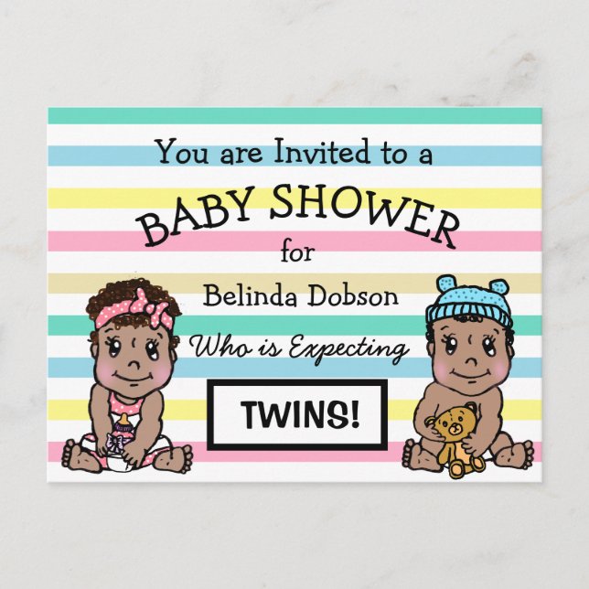 Jolie Ethnic Twins Baby Shower Invitations (Devant)