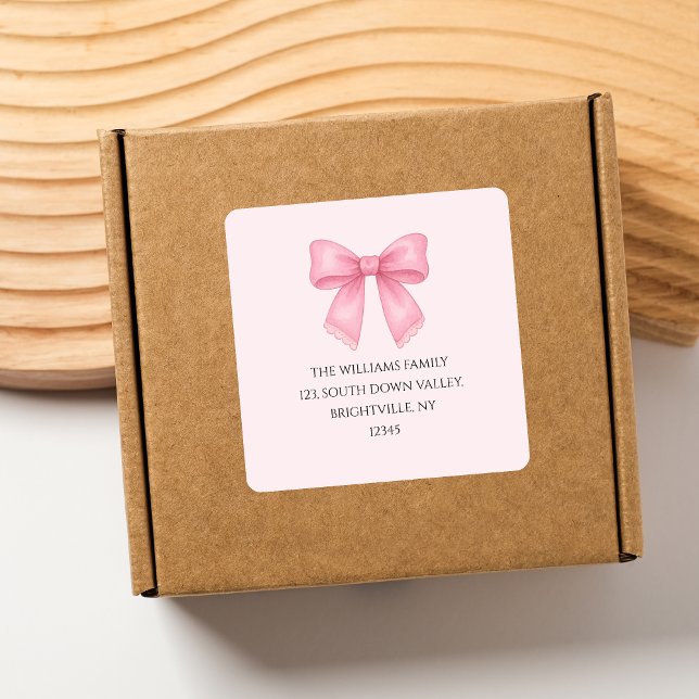 Jolie étiquette de retour à l'expéditeur au nœud r (Cute Watercolor Pink Bow Coquette return address Square Sticker)