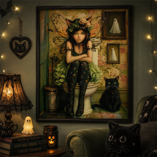 Jolie Fée Chat Gothique Verte Art Mural Halloween