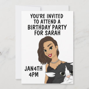 JOLIE FILLE AVEC CAT ANNIVERSAIRE INVITATIONS DE F