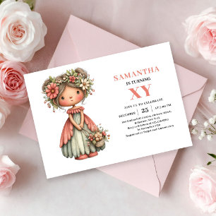 Jolie fille fée anniversaire invitations rose flor