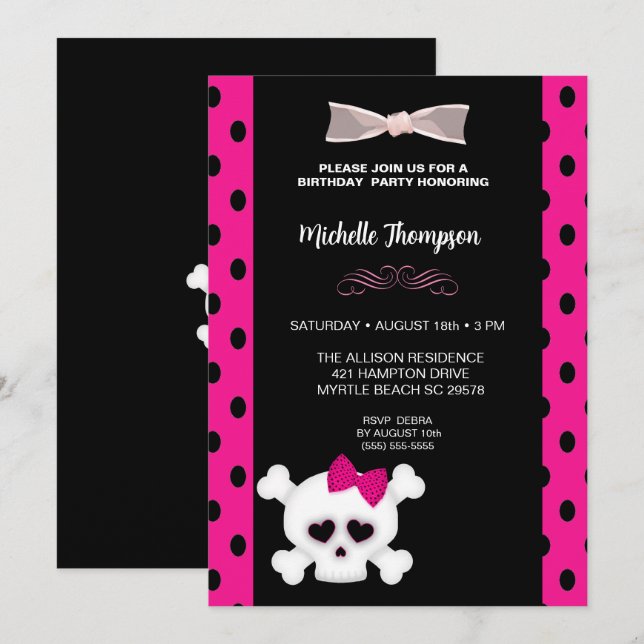 Jolie fille rose Crâne Anniversaire Invitation (Devant / Derrière)