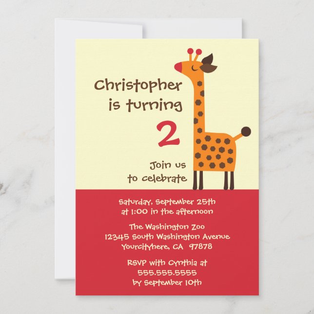 Jolie girafe rétro invitation de fête d'anniversai (Devant)