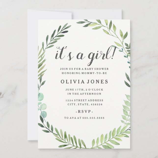 Jolie Green Boho Wreath Baby shower Invitation (Devant)