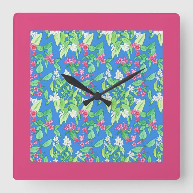 Jolie horloge murale Carré, fleurs printanières, r (Recto)