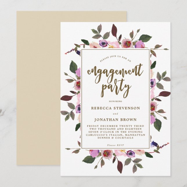 jolie invitation à la fête d'engagement florale (Devant / Derrière)