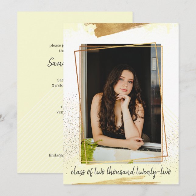 Jolie invitation à la graduation encadrée jaune et (Devant / Derrière)