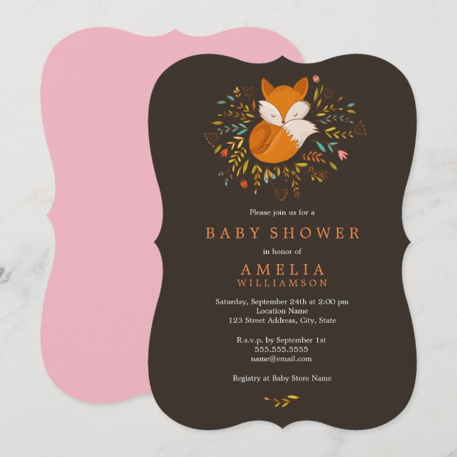 Jolie Invitation Baby shower de renard de bois (Devant / Derrière)
