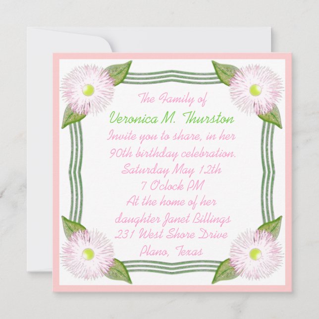 Jolie invitation d'anniversaire rose et verte (Devant)