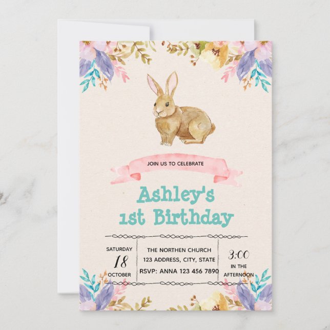 Jolie invitation de fête d'anniversaire de lapin (Devant)