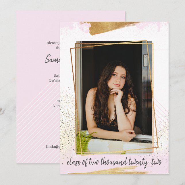Jolie invitation de graduation encadrée rose et or (Devant / Derrière)