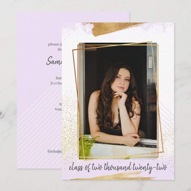 Jolie invitation de graduation encadrée violet et  (Devant / Derrière)