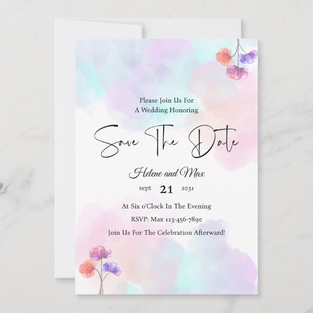 Jolie invitation de mariage rose et bleu (Devant)