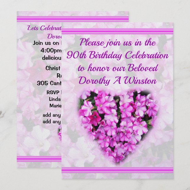 JOLIE INVITATION FLORALE ROSE 90ÈME ANNIVERSAIRE (Devant / Derrière)