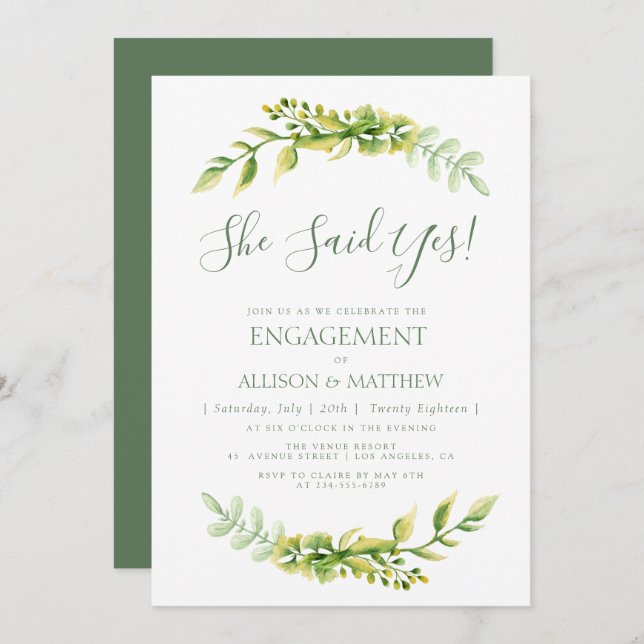 Jolie invitation pour une soirée d'engagement vert (Devant / Derrière)