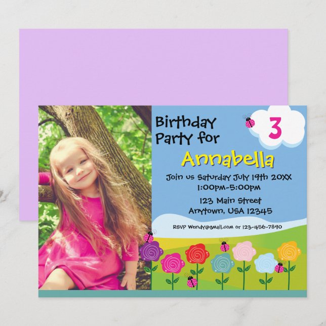Jolie Ladybug Garden Invitation d'anniversaire pou (Devant / Derrière)