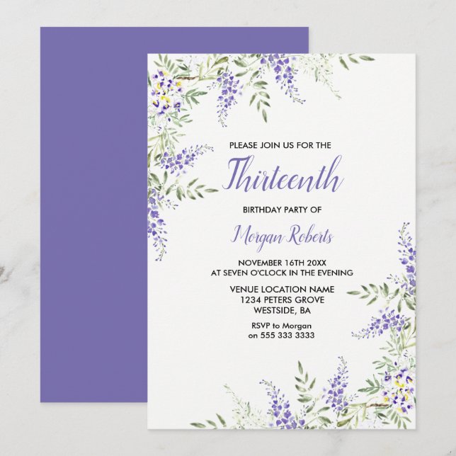 Jolie Lavande violette Floral 13e Invitation d'ann (Devant / Derrière)