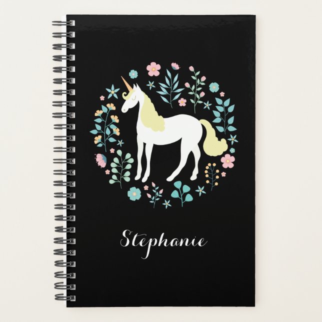 Jolie licorne & Fleurs Noir Personnalisé (Devant)