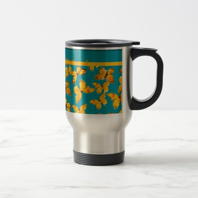 Jolie Mug Voyage, Papillons d'or sur Sky Blue (Droit)