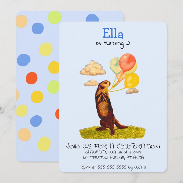Jolie Otter Holding Party Ballons Invitation (Devant / Derrière)