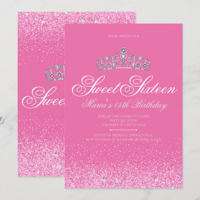 Jolie Parties scintillant rose, 16 invitations suc (Devant / Derrière)