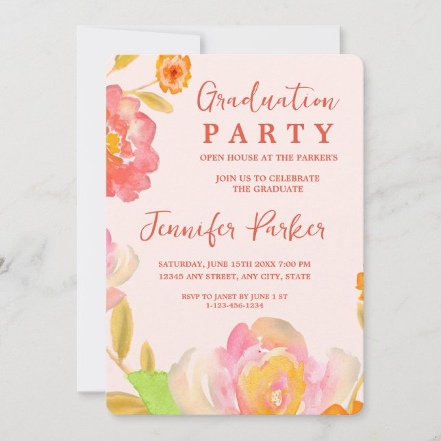 Jolie Pêcher Floral Graduation Party Invitation (Devant)