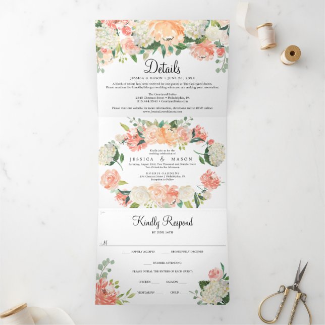 Jolie Pêcher Mariage Floral Invitations Tri-Fold (Intérieur)