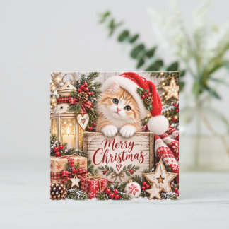 Jolie petite chatte au chapeau de Père Noël Carte