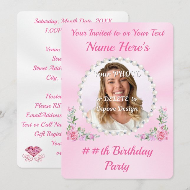 Jolie, PHOTO Anniversaire carte d'invitation, pour (Devant / Derrière)