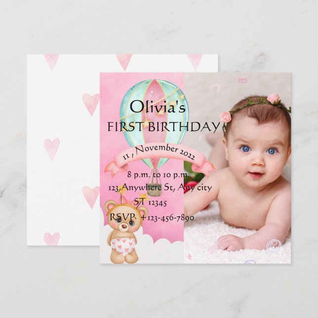 Jolie première photo d'anniversaire Invitation (Devant / Derrière)
