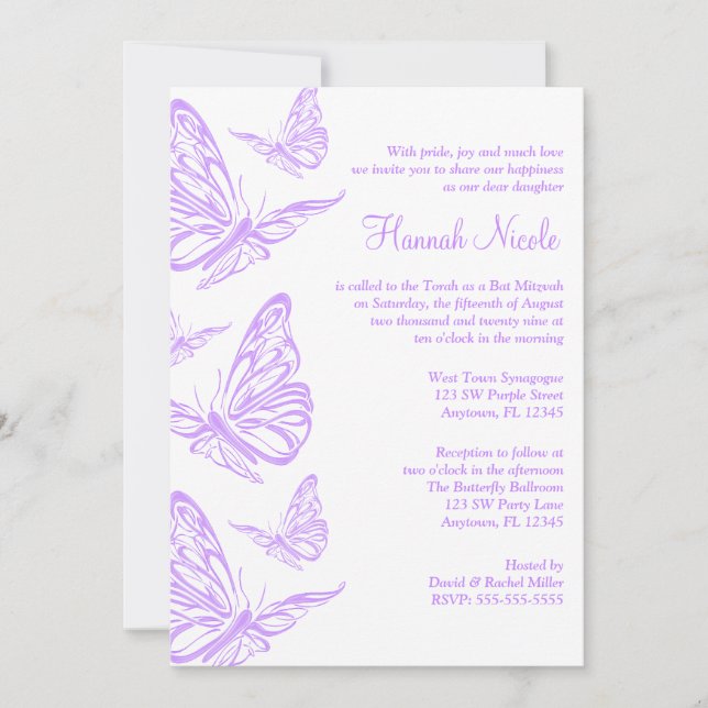 Jolie Purple Papillon Bat mitzvah Invitations (Devant)