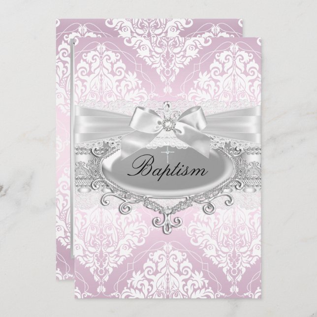 Jolie rose Damask & Bow Baptism Invitation (Devant / Derrière)
