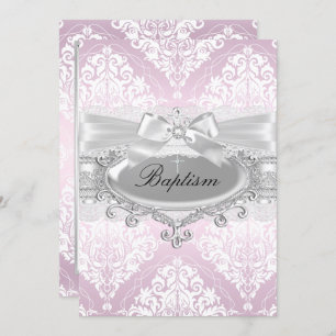 Jolie rose Damask & Bow Baptism Invitation