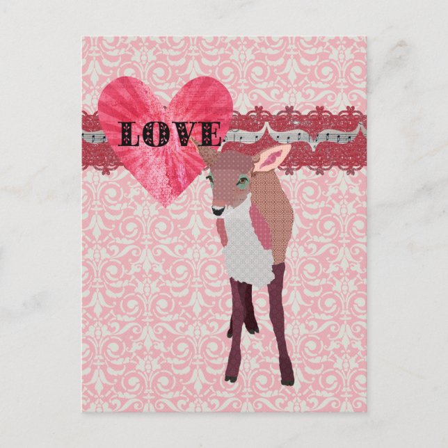 Jolie rose Fawn Love Damask Carte postale (Devant)