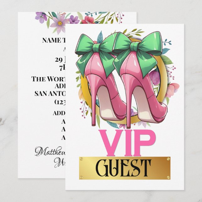 Jolie rose hauts talons VIP Invitation invité (Devant / Derrière)